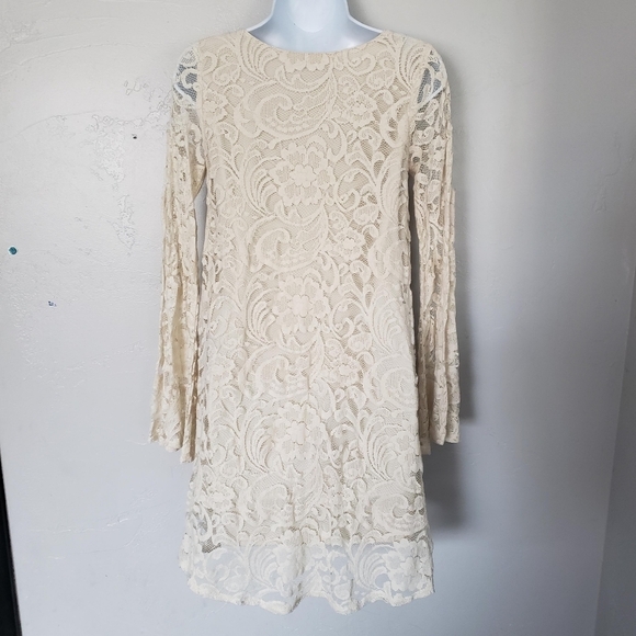 Show Me Your Mumu Small Ivory Beige Lace Long Sleeve Mini Dress SMYM Girly Boho - Picture 2 of 8